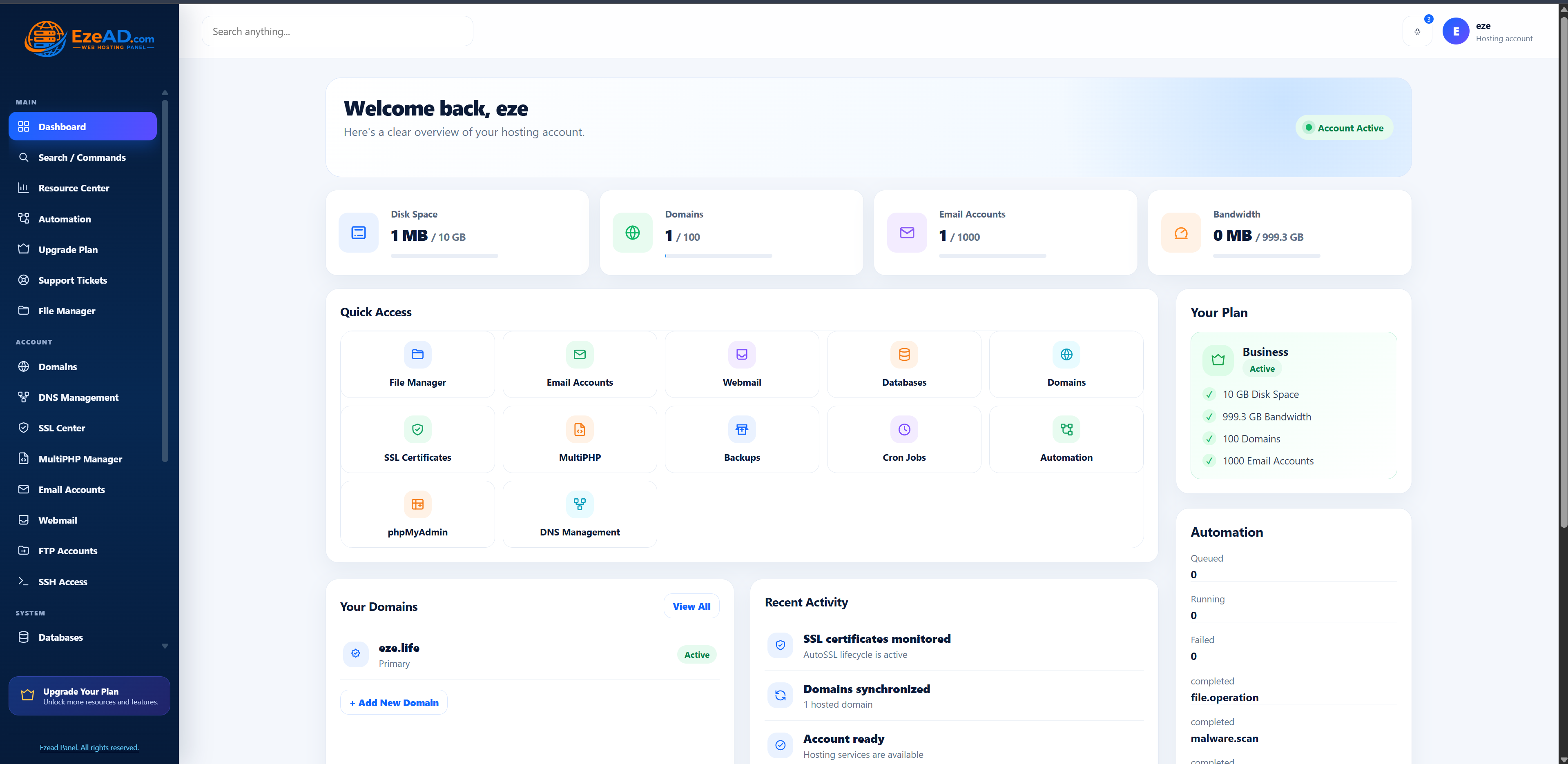 EzeAD user hosting dashboard
