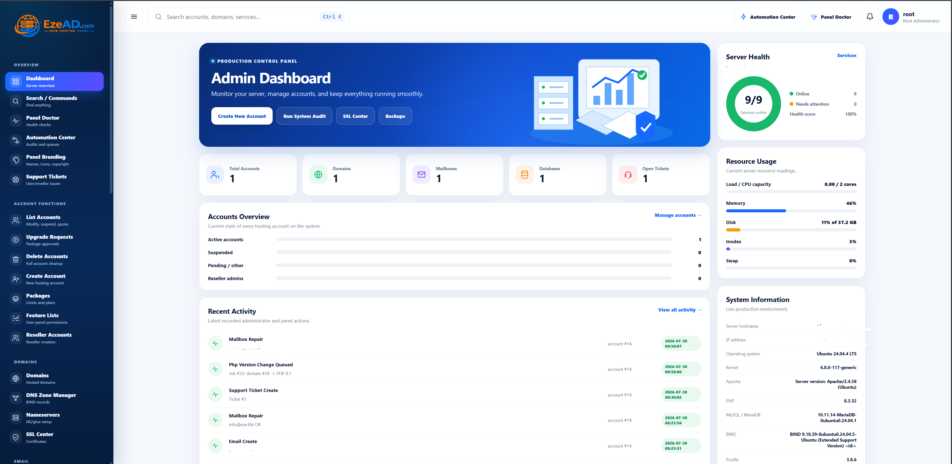 EzeAD administrator dashboard